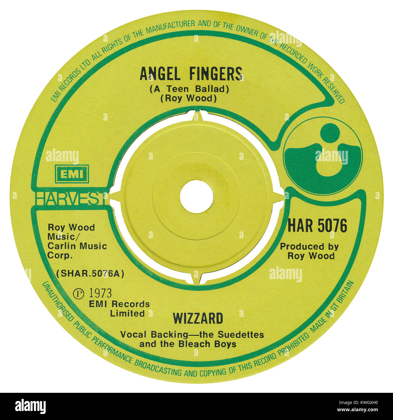45 RPM 7' UK record label of Angel Fingers (A Teen ballad) by Wizzard, Written and produced by Roy Wood. Released in August 1973 by Harvest Records. Stock Photo