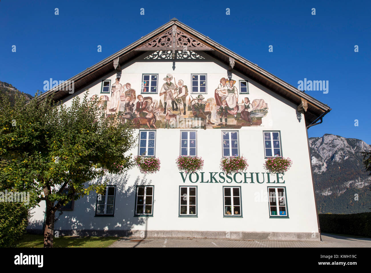 The Altausseer Land district, in the Salzkammergut, part of the Dead Mountains, Styria, Austria,  public school, Stock Photo