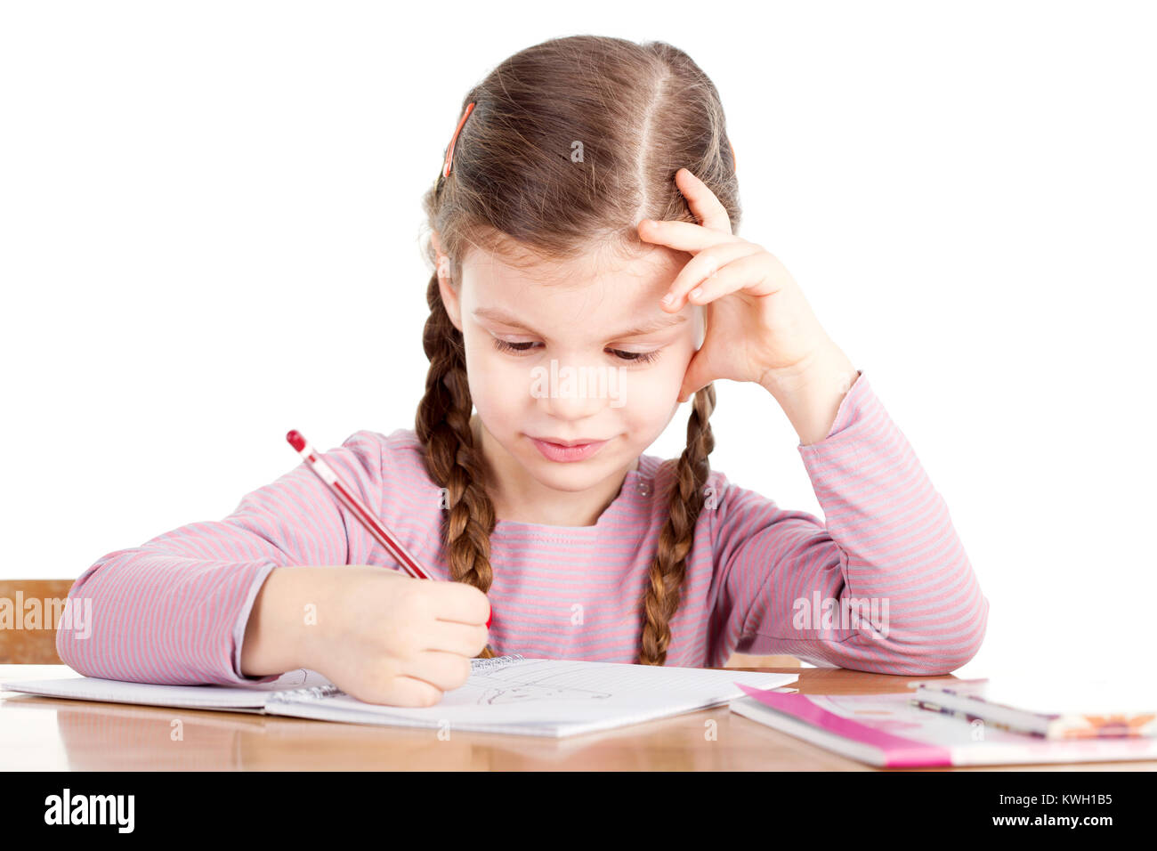 Sketchbook and crayons on a white table. White table and white background  Stock Photo - Alamy