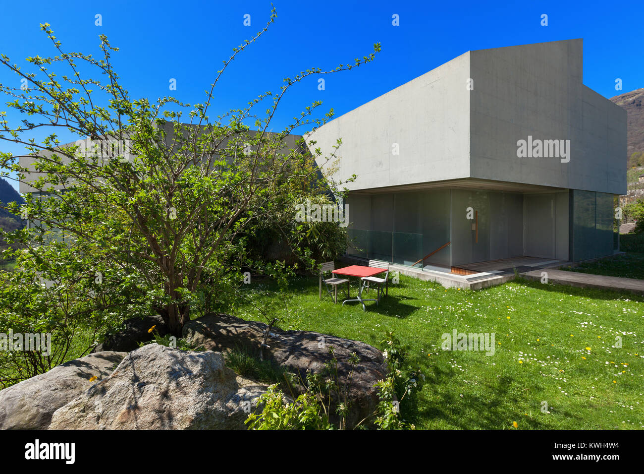 Architecture modern design, concrete house view from the garden Stock Photo