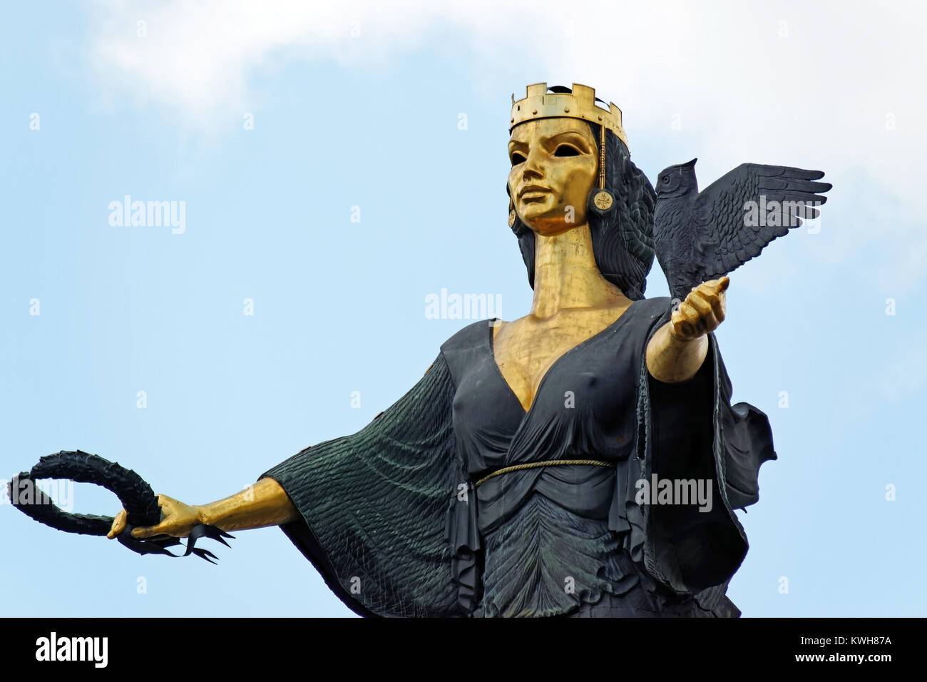 The Famous Golden Statue of St. Sofia in Sofia, Bulgaria. The statue represents Saint Sofia, the