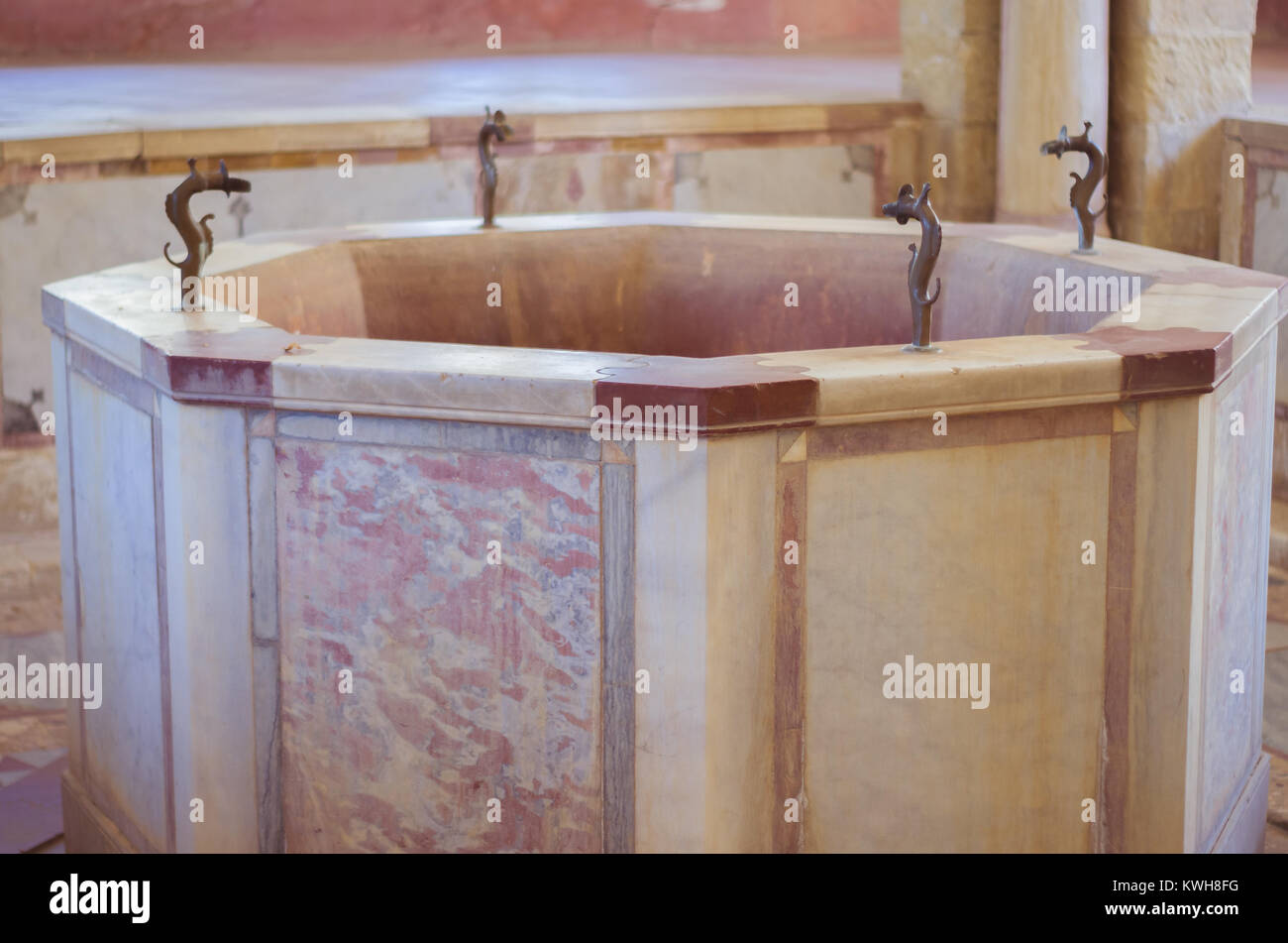 Chouf District, Lebanon, April 05 - 2017: Historic Turkish marble bathroom, located inside the Beit ed-Dine (Beiteddine) palace, built in 1788, renova Stock Photo