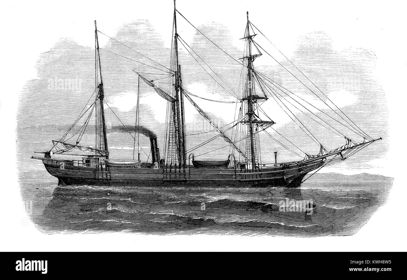 Vintage engraving of Austro-Hungarian three-masted schooner Tegetthoff  to the North Pole expedition Stock Photo