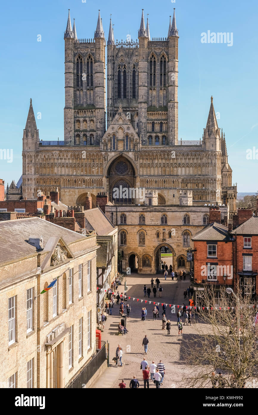A view of Lincoln Cathedral taken from inside the walls of Lincoln Castle and Prison Museum, Lincoln, Lincolnshire, England, UK Stock Photo