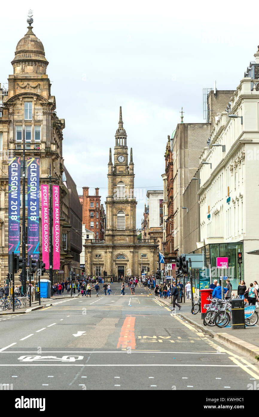 View along George Street and West George Street to St George's Tron Church in Glasgow city centre, Scotland, UK Stock Photo