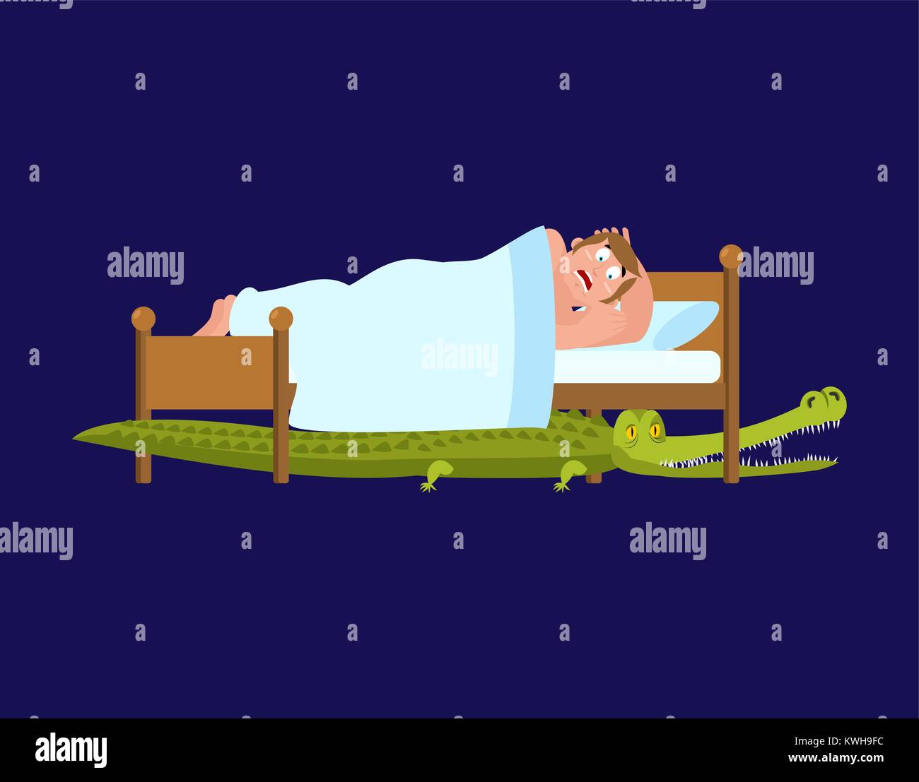 Crocodile under bed. frightened Man sleeps on bed. Vector illustration