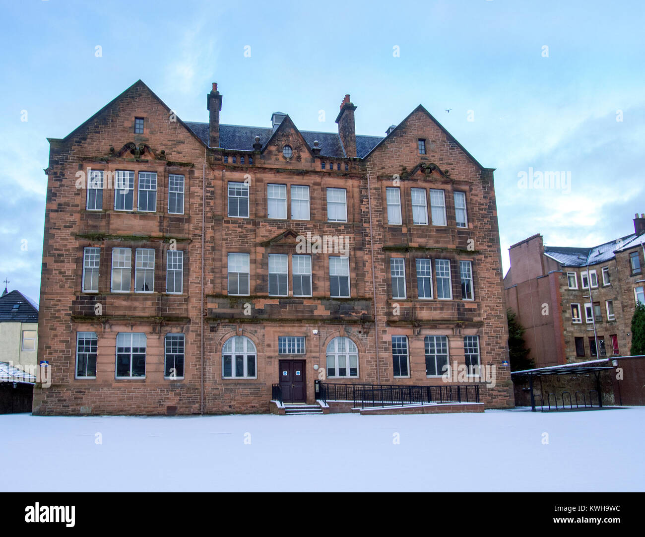 RUTHERGLEN, SCOTLAND - DECEMBER 29 2017: The old Burgh school in the snow. Stock Photo