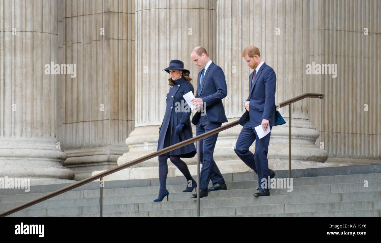 Catherine, Prince William (Duke and Duchess of Cambridge) and Prince Harry, leaving St Paul's Cathedral after a memorial service (14th Dec 2017) .... Stock Photo