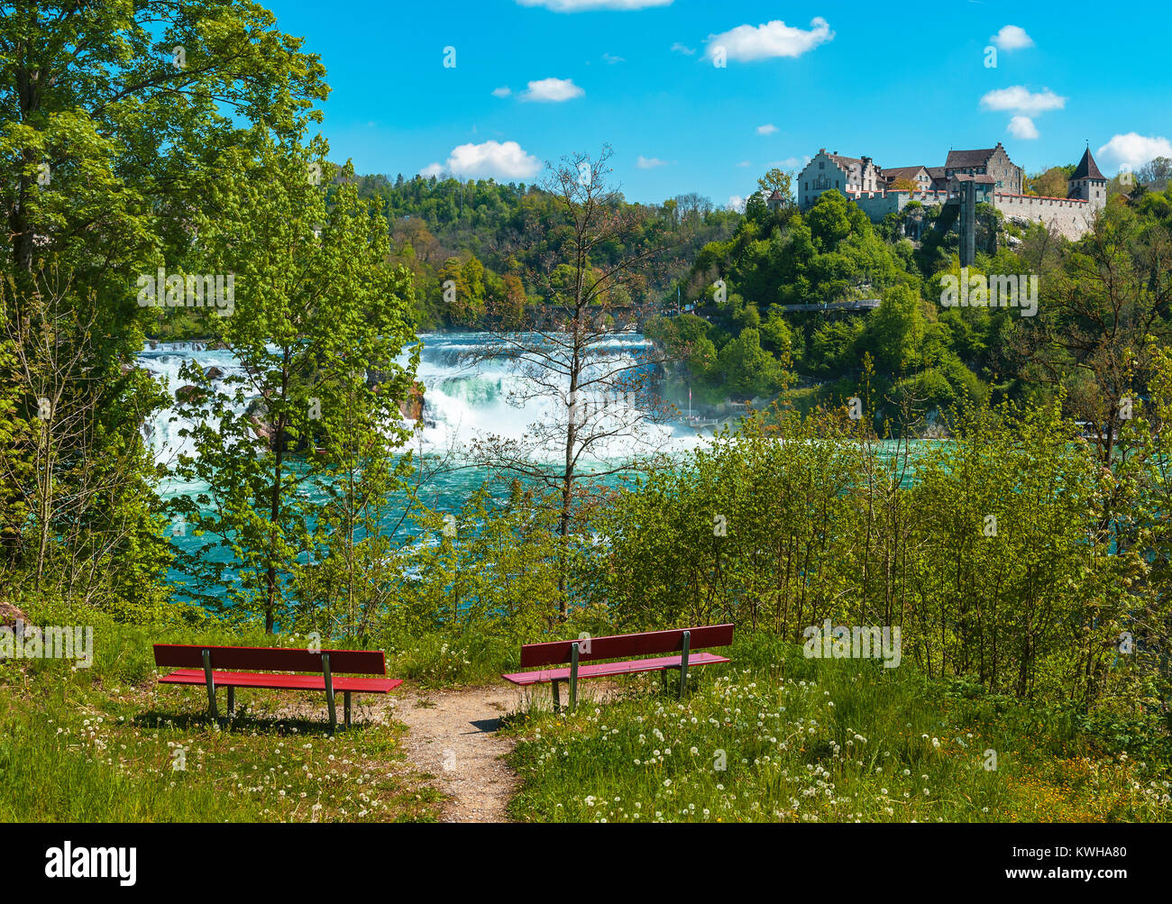 Benches with a view on Rheinfall Stock Photo
