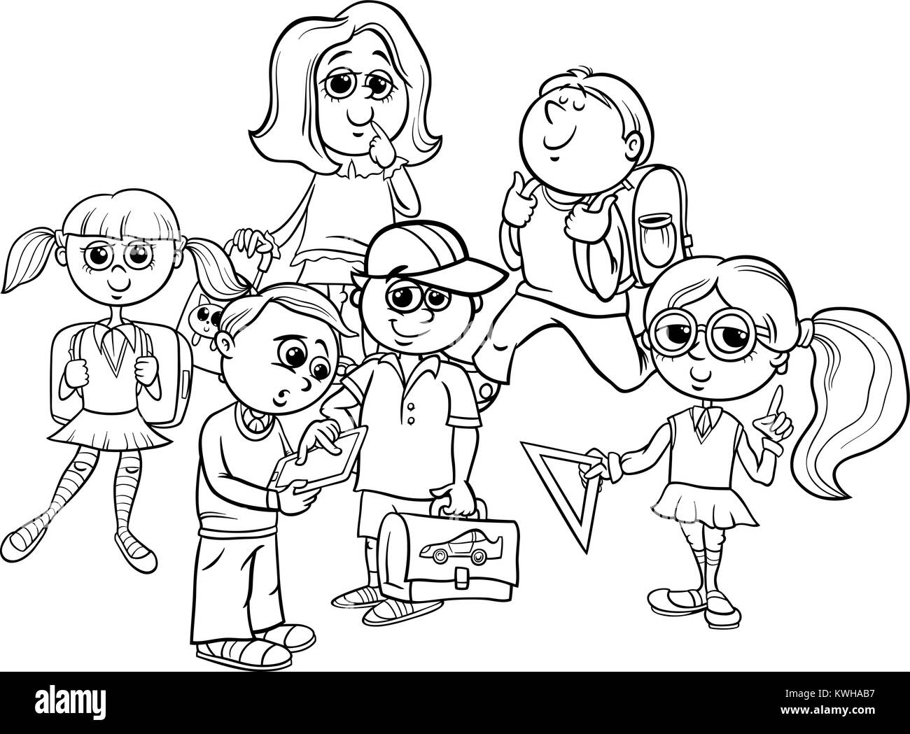 Black and White Cartoon Illustration of Elementary School Students or Pupils Characters Group Coloring Book Stock Vector