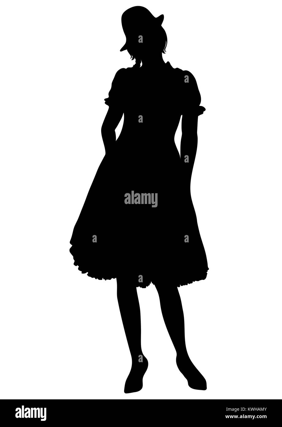 Woman full-length silhouette, with pigtails and cap, in old traditional national dress with a fluffy skirt, vector outline portrait, black and white c Stock Vector