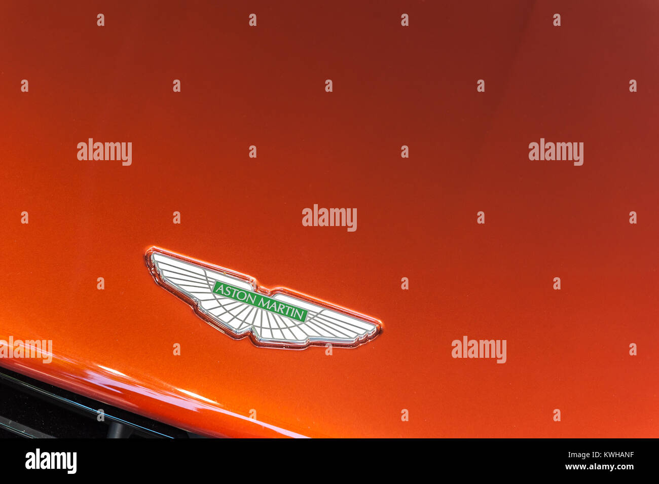 TORINO - JUN 08, 2017: Showroom. Close up of an hood and logo of a Aston Martin Stock Photo