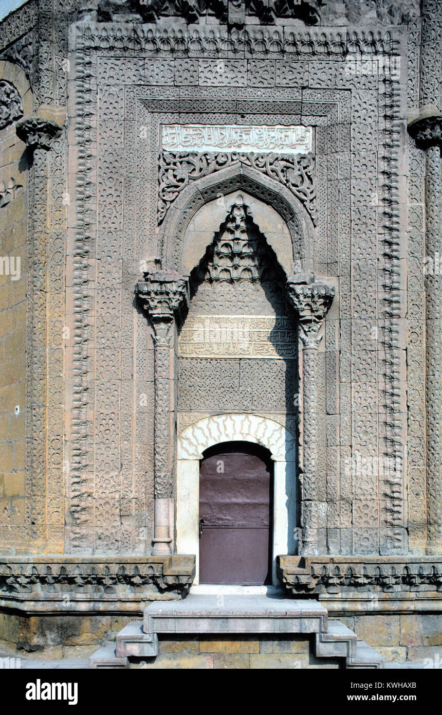 Stone Carved Entrance to the Seljuk c14th Hudavent Hatun Tomb (1312), Turbe or Mausoleum, built for the daughter of Kilij Arslan IV, Nigde, Cappadocia, Turkey Stock Photo