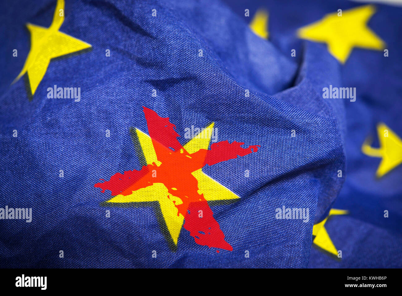 Crossed out star on the EU flag, symbolic photo Grexit, Durchgestrichener Stern auf der EU-Fahne, Symbolfoto Grexit Stock Photo