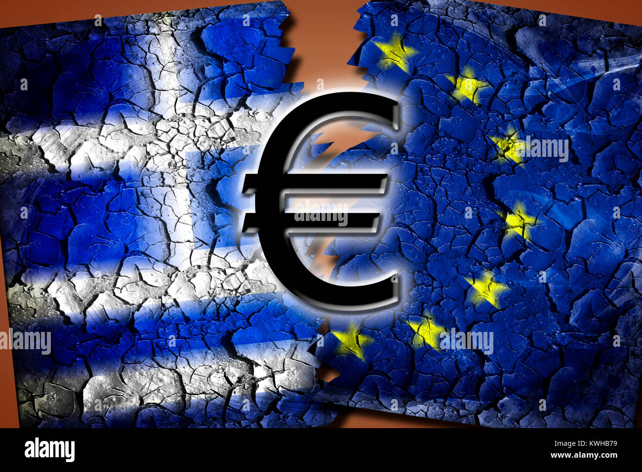 Greece and EU flag with tears and eurosigns, symbolic photo Grexit, Griechenland- und EU-Fahne mit Rissen und Eurozeichen, Symbolfoto Grexit Stock Photo