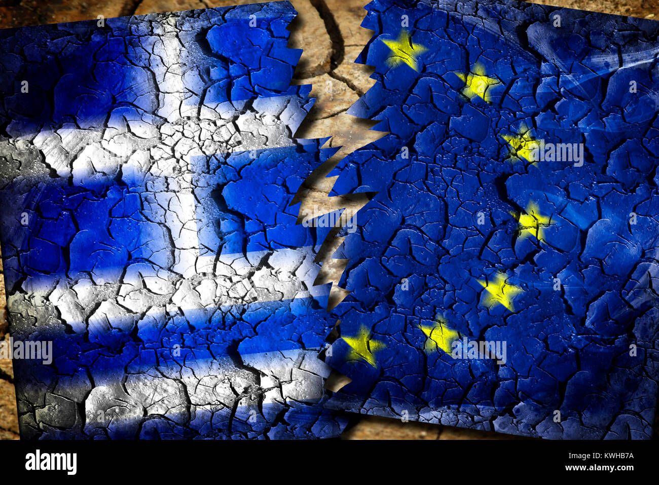 Greece and EU flag with tears, symbolic photo Grexit, Griechenland- und EU-Fahne mit Rissen, Symbolfoto Grexit Stock Photo