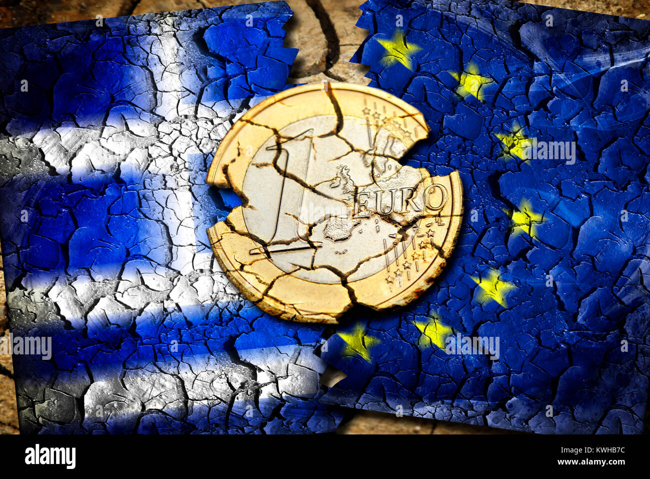 Euro-coin one with tears before Greece and EU flag, symbolic photo Grexit, Ein-Euro-MÃ¼nze mit Rissen vor Griechenland- und EU-Fahne, Symbolfoto Grexi Stock Photo