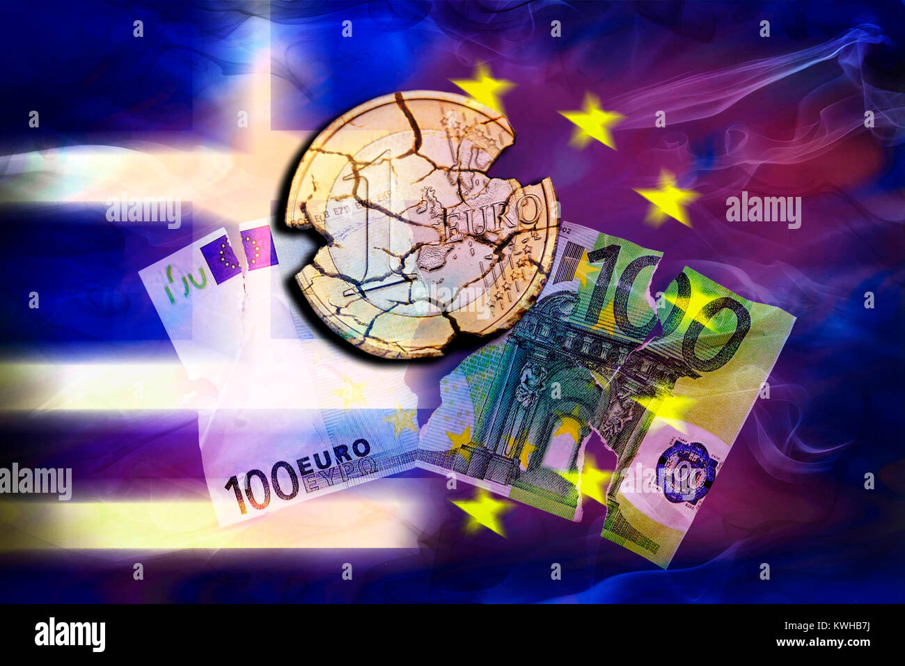 Torn 100-euro-light and ruined eurocoin before Greece and EU flag, symbolic photo Grexit, Zerrissener 100-Euro-Schein und zerfallene EuromÃ¼nze vor Gr Stock Photo