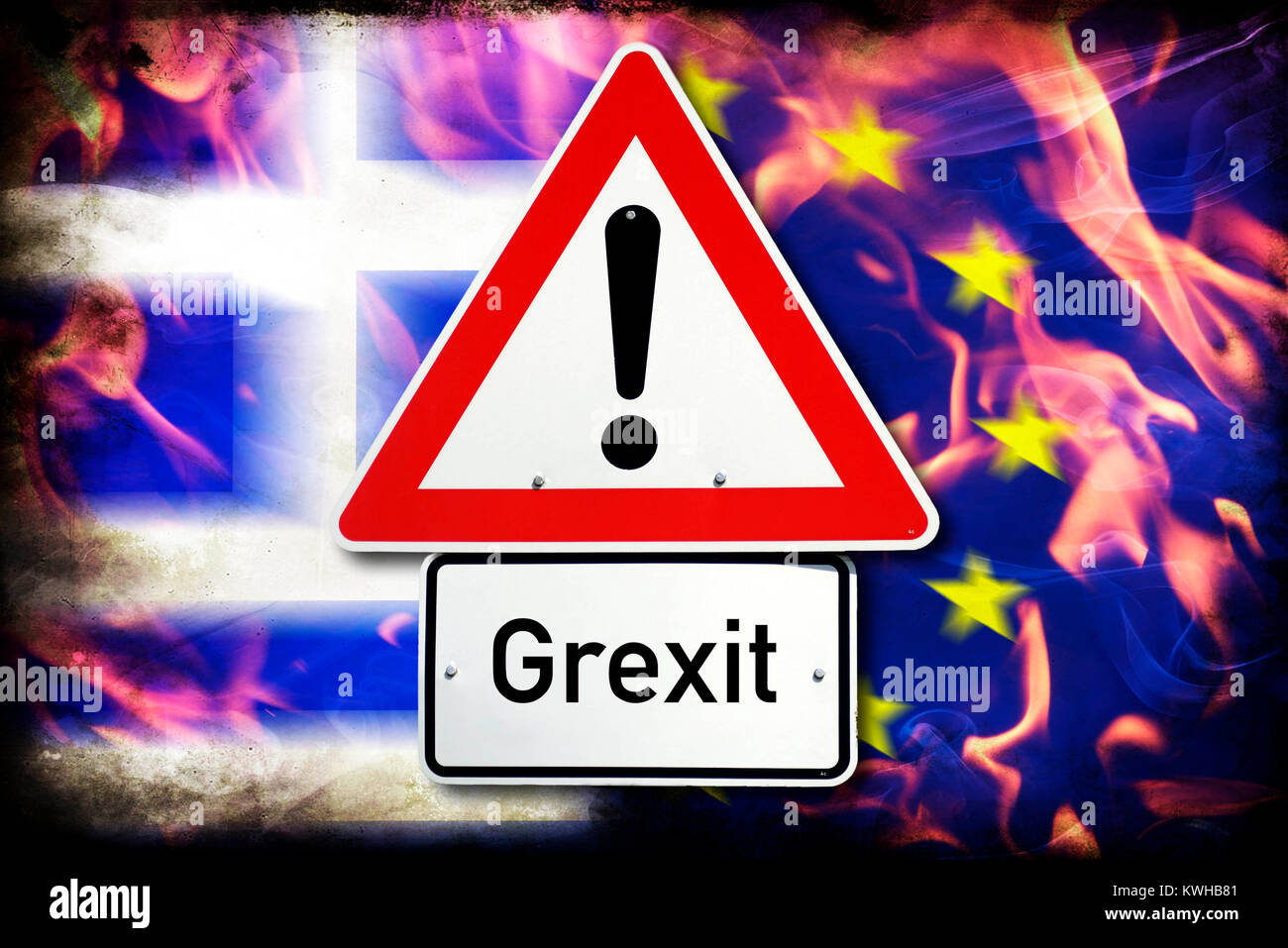 Greece and EU flag in flames and danger sign, symbolic photo Grexit, Griechenland- und EU-Fahne in Flammen und Gefahrenschild, Symbolfoto Grexit Stock Photo
