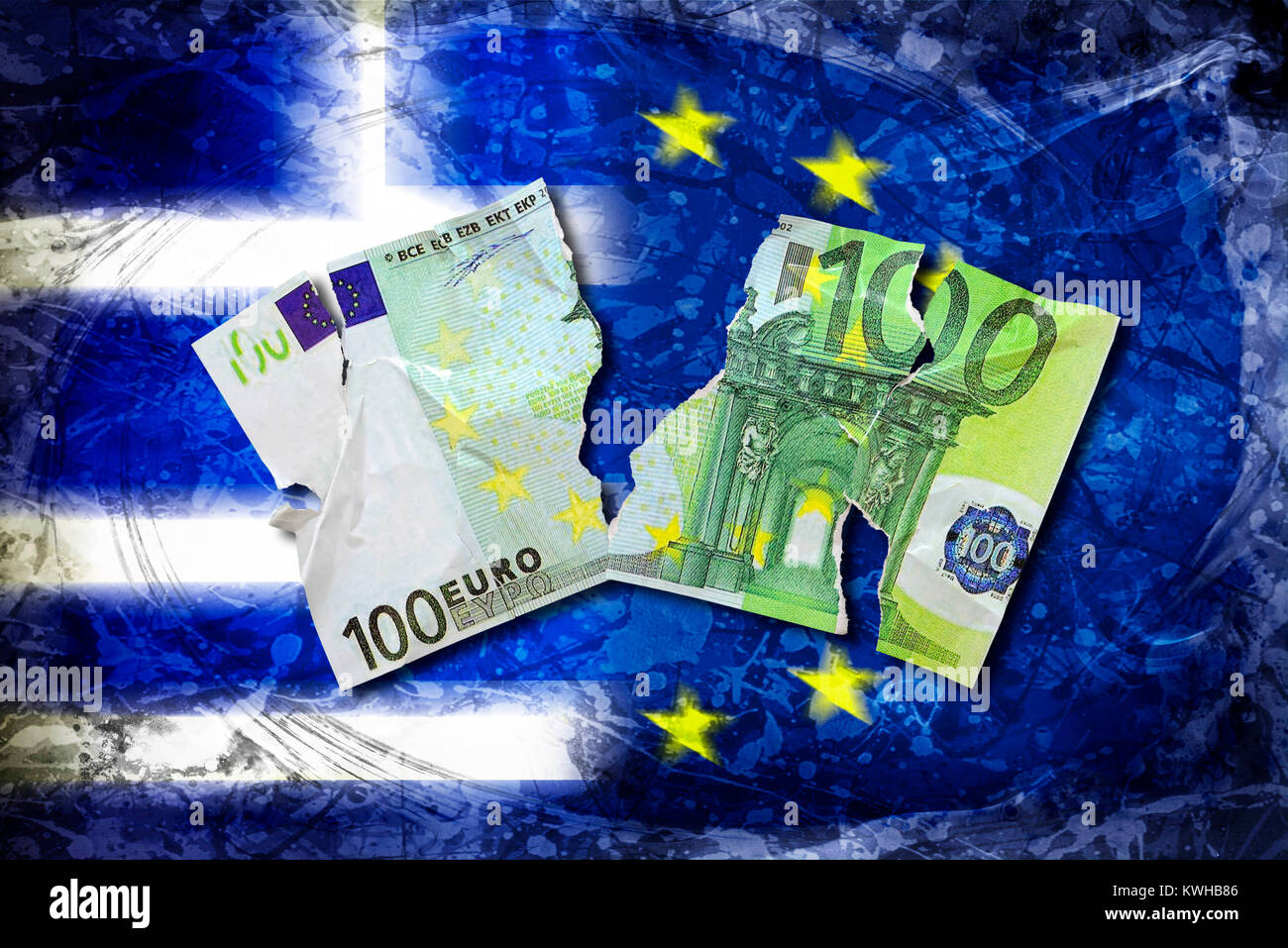 Torn 100-euro-light before Greece and EU flag, symbolic photo Grexit, Zerrissener 100-Euro-Schein vor Griechenland- und EU-Fahne, Symbolfoto Grexit Stock Photo