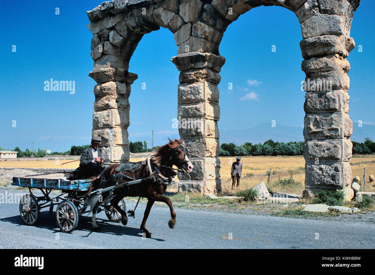 A Horse & Cart Trots Past the Roman Aqueduct built in c2nd AD at Kemerhisar, Nigde Provence, Cappadocia, Turkey Stock Photo