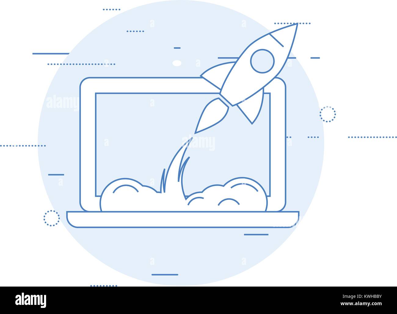 Launch of new business or sturtup - rocket starts from laptop Stock Vector