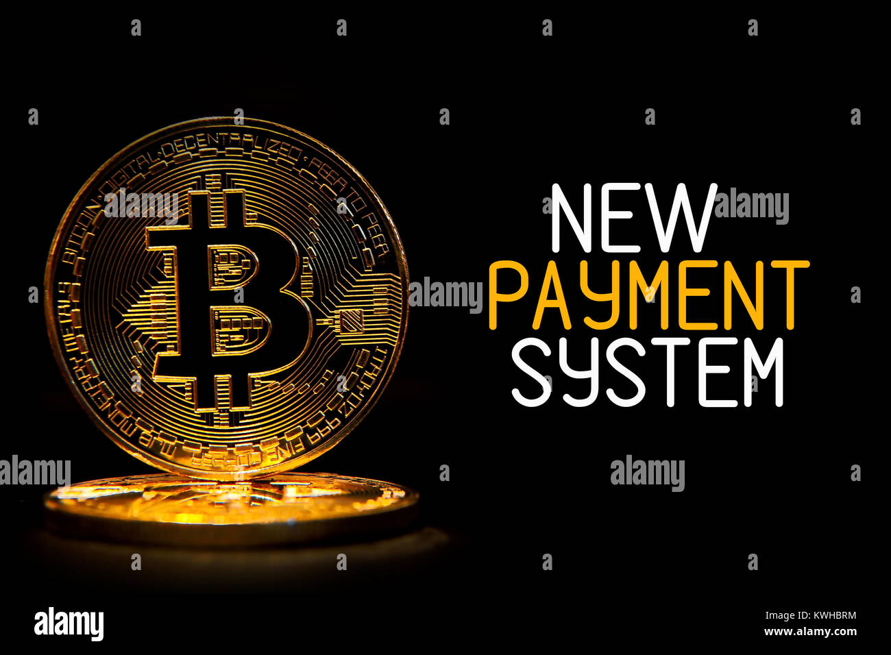 Bitcoin isolated on black with text NEW PAYMENT SYSTEM Stock Photo