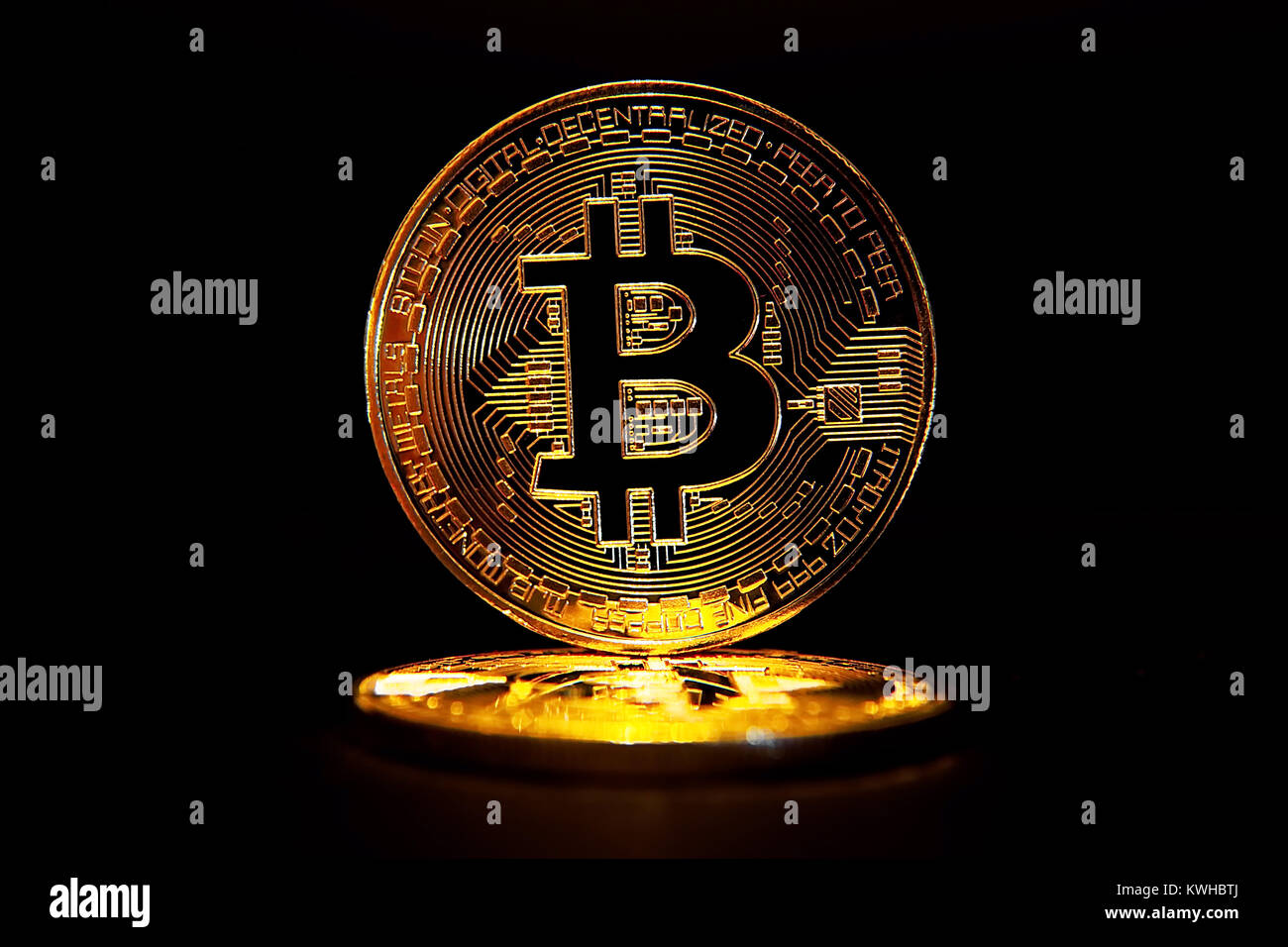 Golden bitcoin isolated on black background Stock Photo
