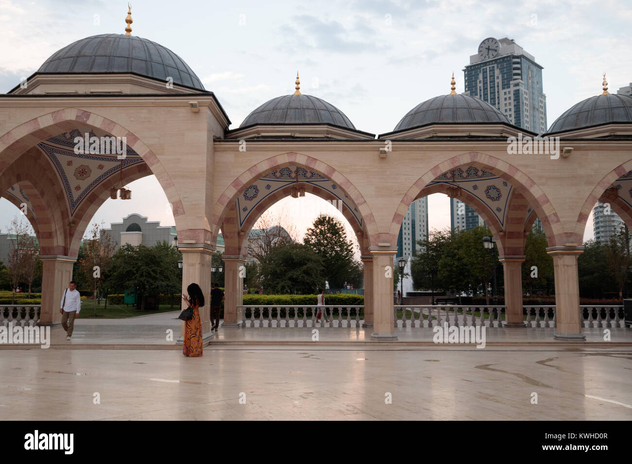 The Heart of Chechnya Mosque courtyard, Grozny, evening time Stock Photo