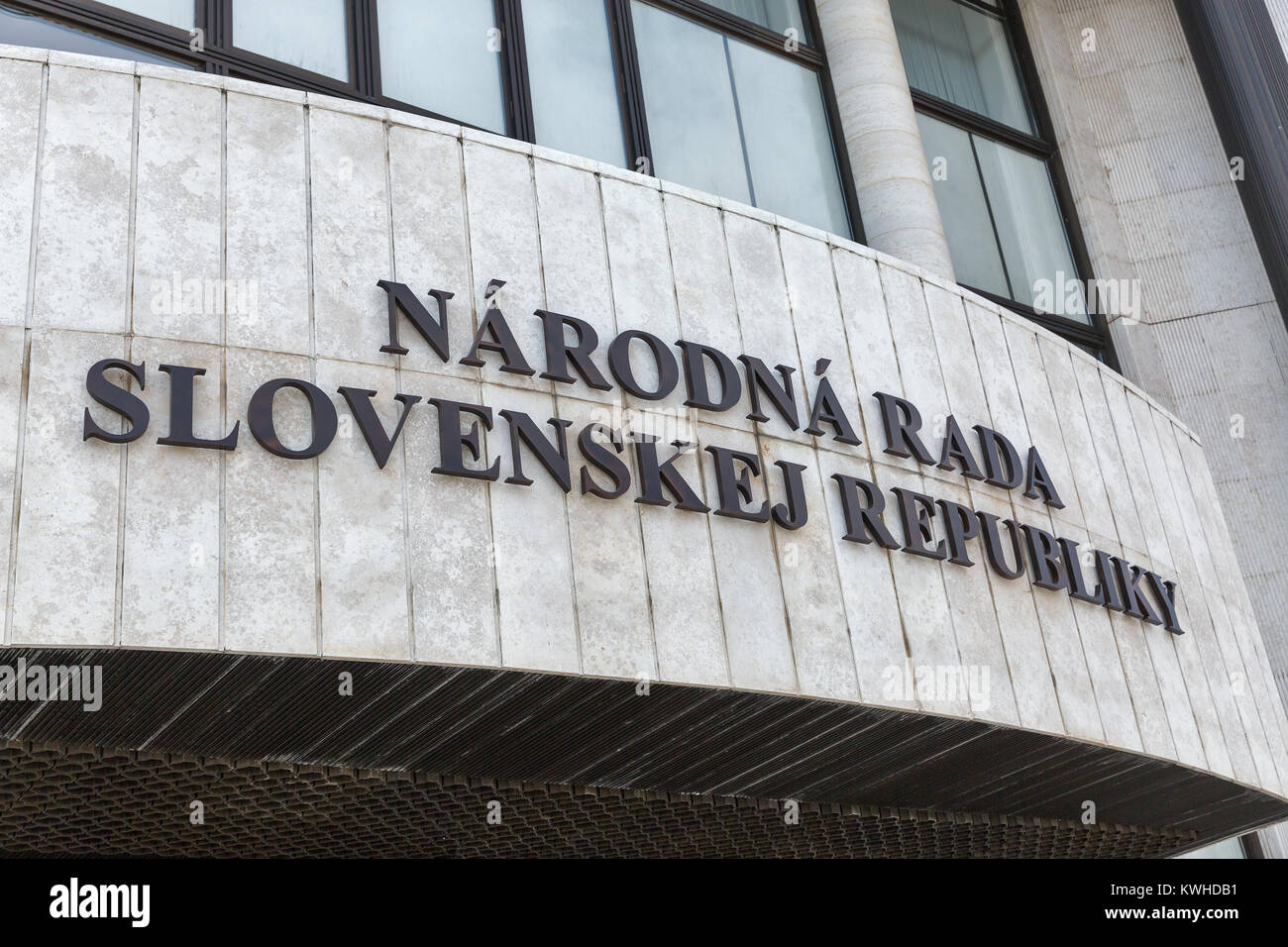 Parliament building sign closeup in Bratislava, Slovakia. Stock Photo