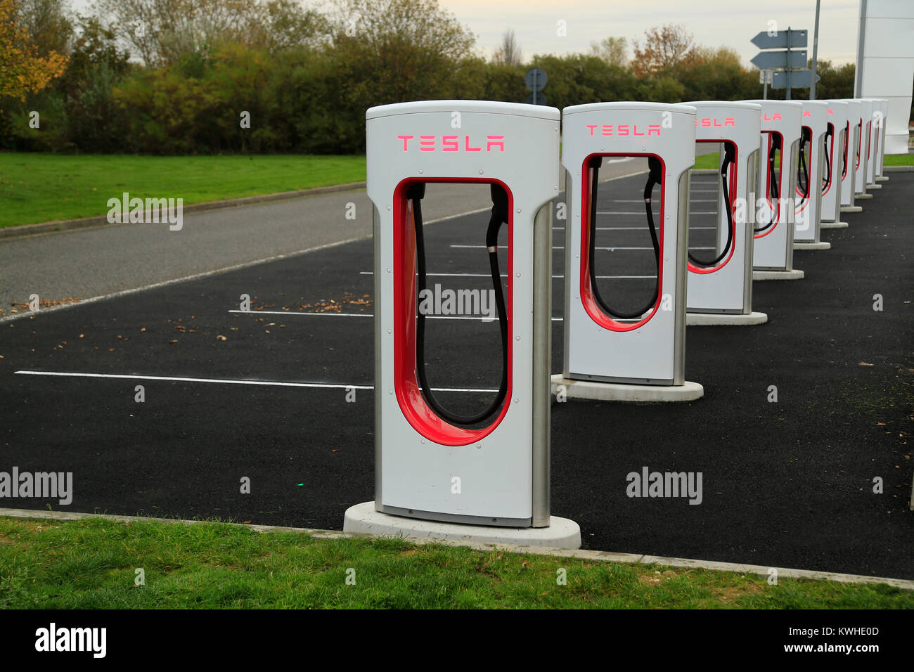Tesla electric car charging bays all empty at motorway service station