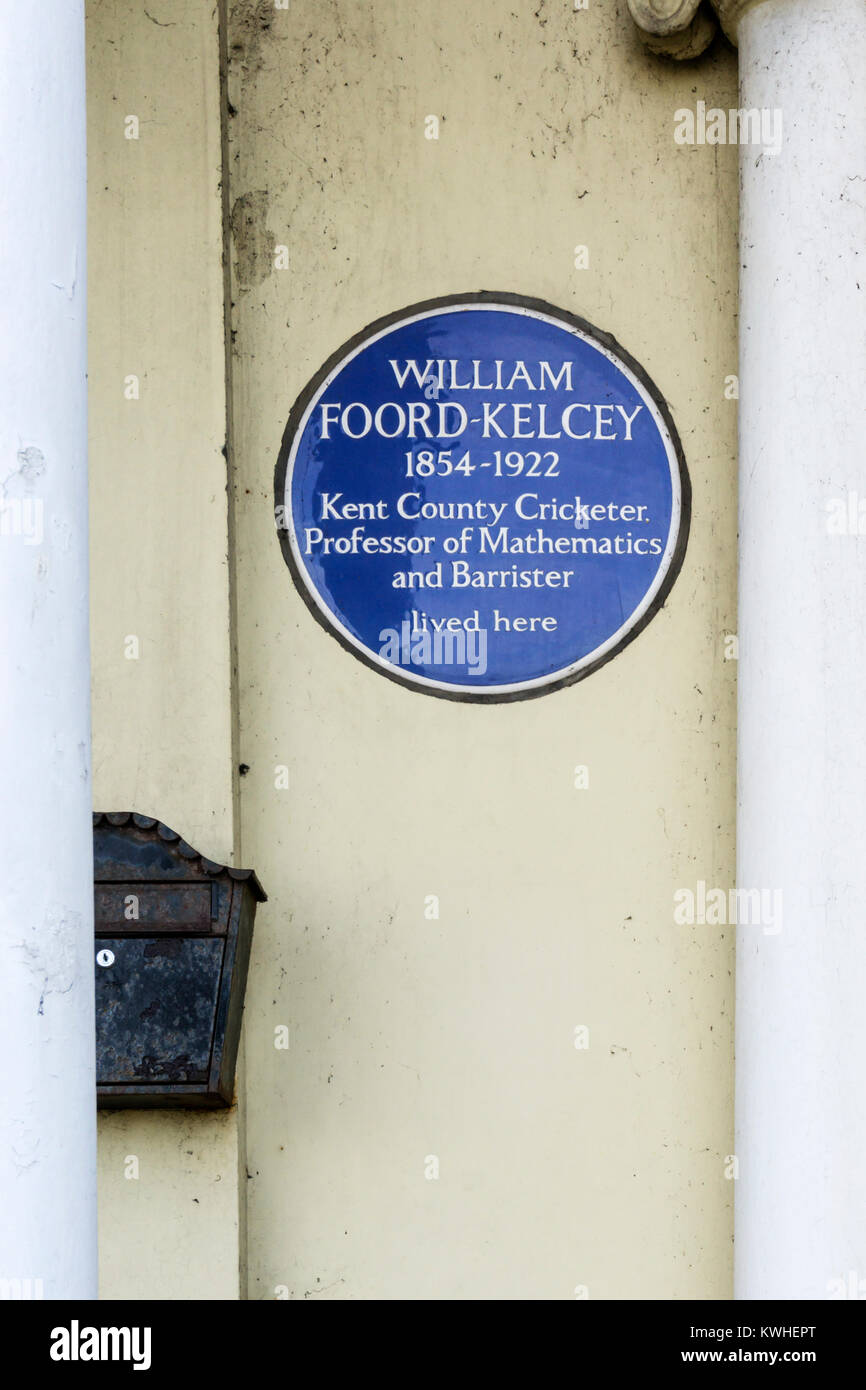 Blue plaque on a house in Margate commemorates William Foord-Kelcey a cricketer, mathematician and barrister. Stock Photo