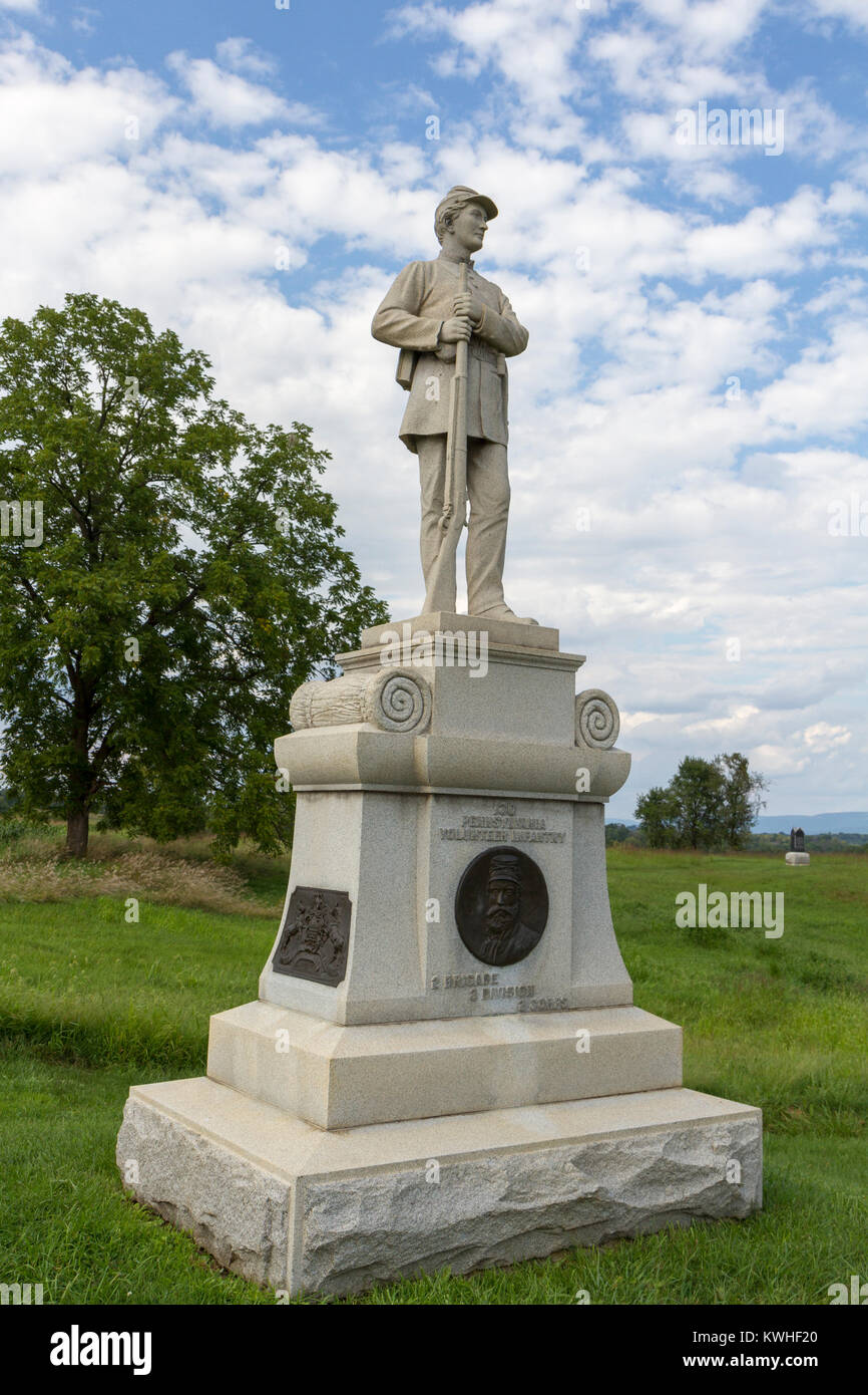 The 130th Pennsylvania Volunteer Infantry Monument, Sunken Road, Bloody Lane, Antietam National Battlefield, Maryland, United States. Stock Photo