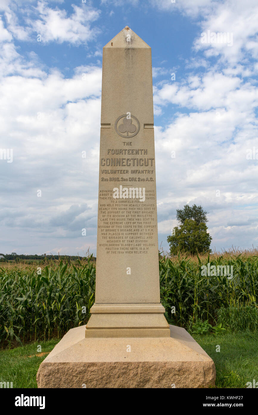 The 14th Connecticut Infantry Monument, Bloody Lane, Antietam National Battlefield, Maryland, United States. Stock Photo