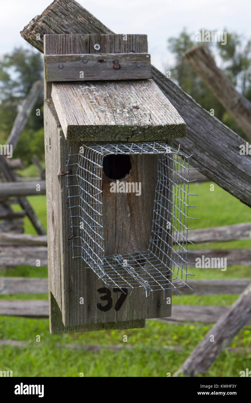 Wooden nest box on a piece of fencing in the Antietam National Battlefield, Maryland, United States. Stock Photo
