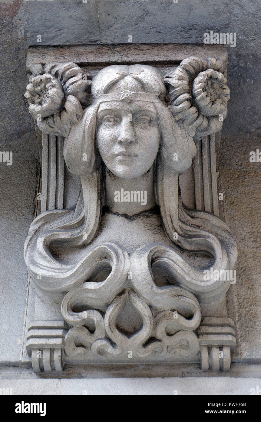 Female art nouveau detail on building in Barcelona Stock Photo
