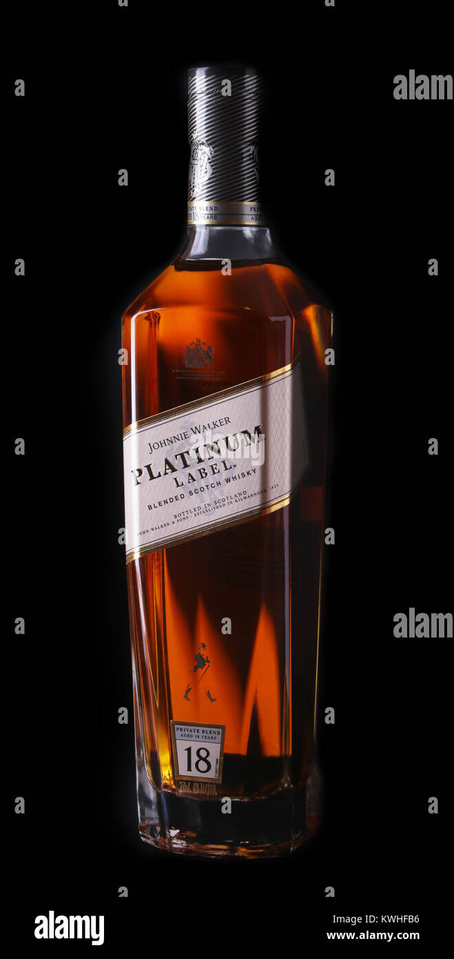 Grodno, Belarus, January 03, 2018 , Johnnie Walker Platinum label blended scotch whisky in exclusive gift box. Private blend, aged 18 year. Stock Photo