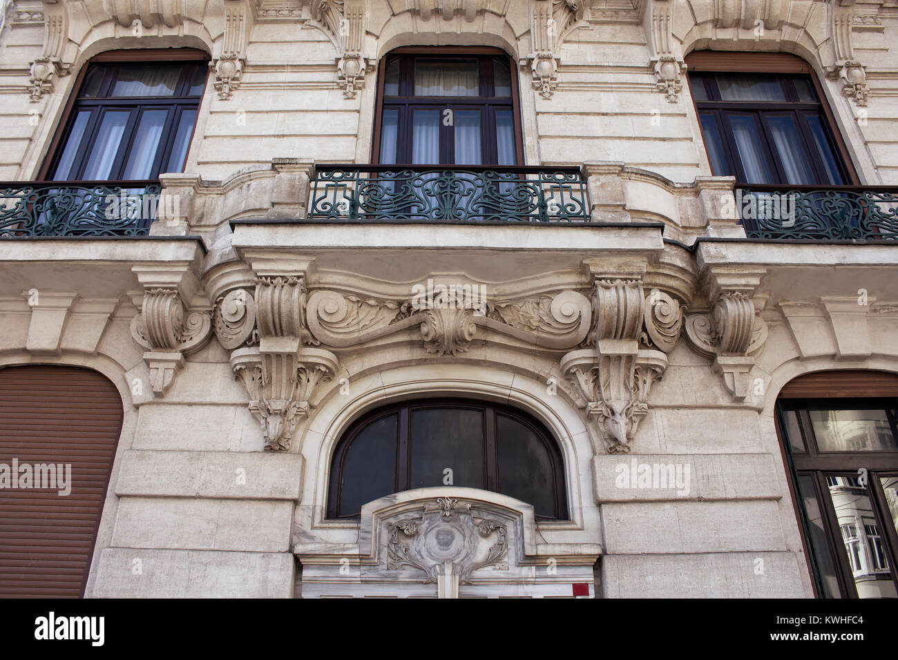Bottom view of old, historical, typical building in Nisantasi neighborhood of Istanbul. The image reflects late 19th century architectural style. Stock Photo
