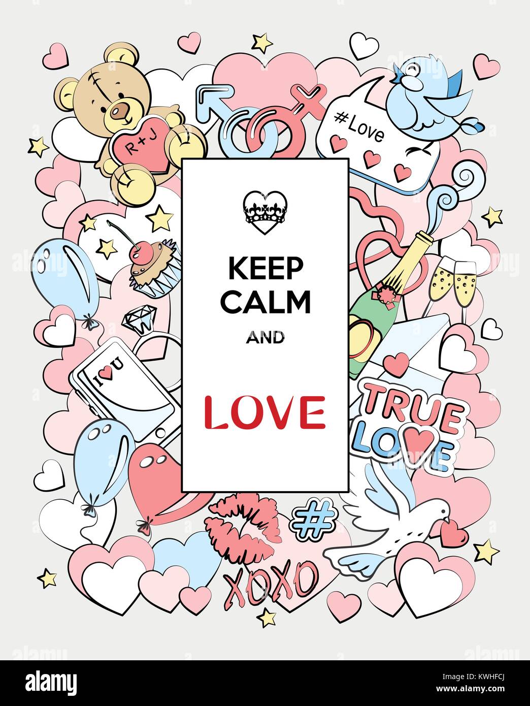 Happy Valentine's Day! Colorful greeting card 'Keep Calm and Love' with cute cartoon characters. Doodles style. All elements are separated. Stock Vector