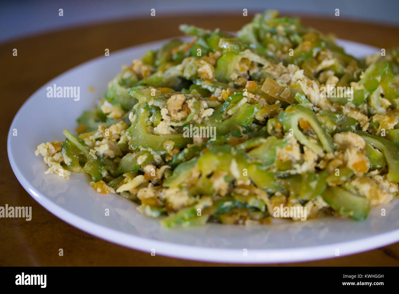 Cooked Ampalaya vegetable.Some research supports it to contain substances that decreases blood glucose for Type 2 Diabetics. Stock Photo
