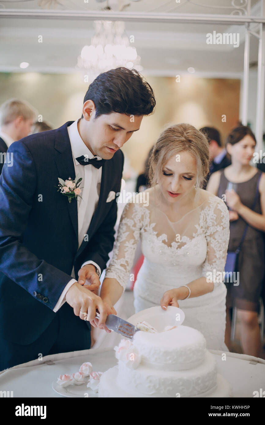 The bride and groom cut the wedding cake Stock Photo - Alamy