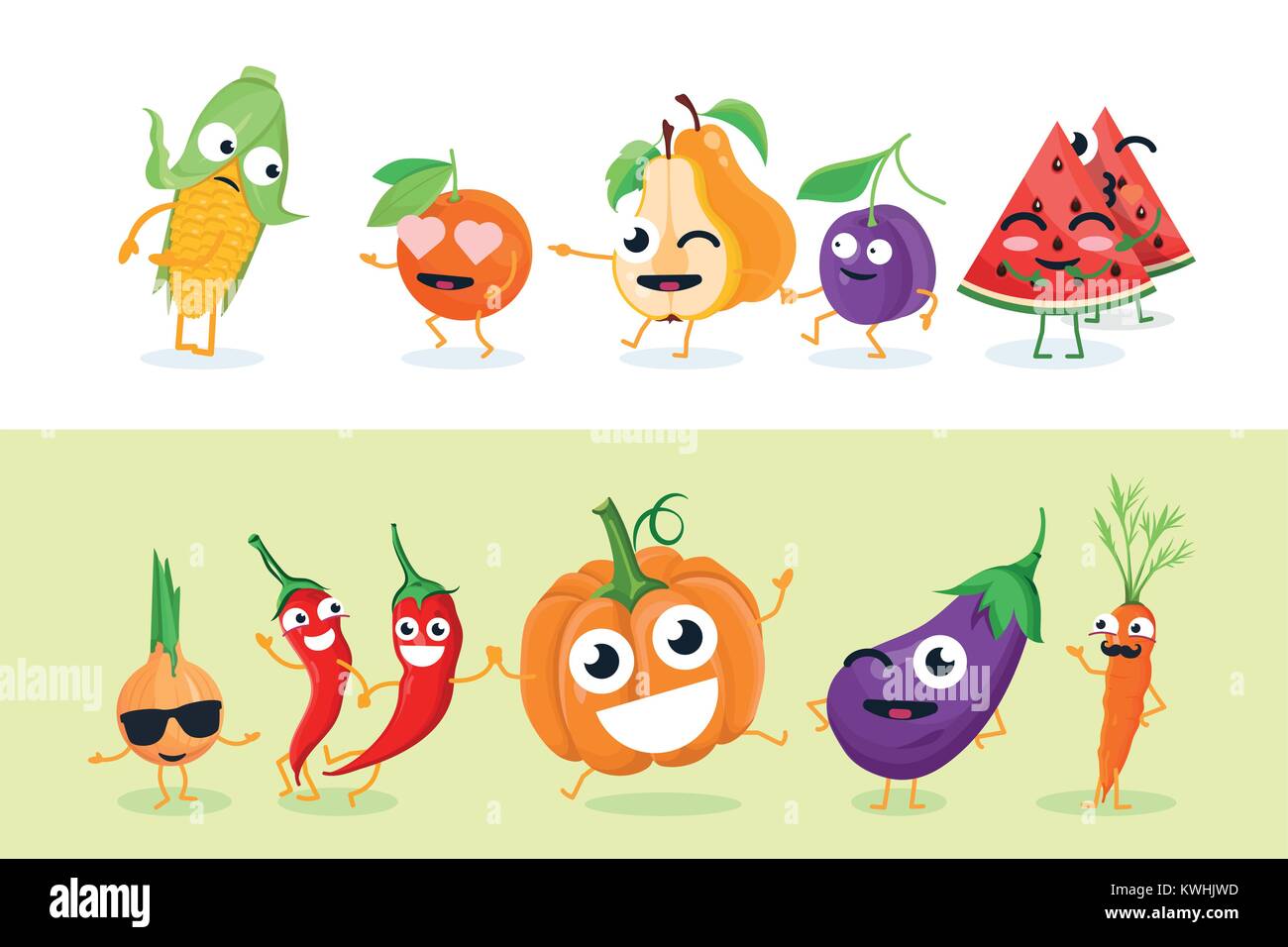 Funny fruit and vegetables - set of vector isolated characters illustrations Stock Vector