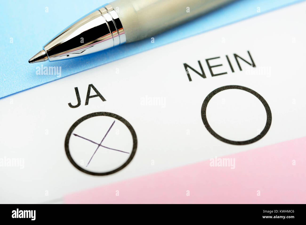 Electoral slip of paper, marked Yes, Wahlzettel, angekreuztes Ja Stock Photo