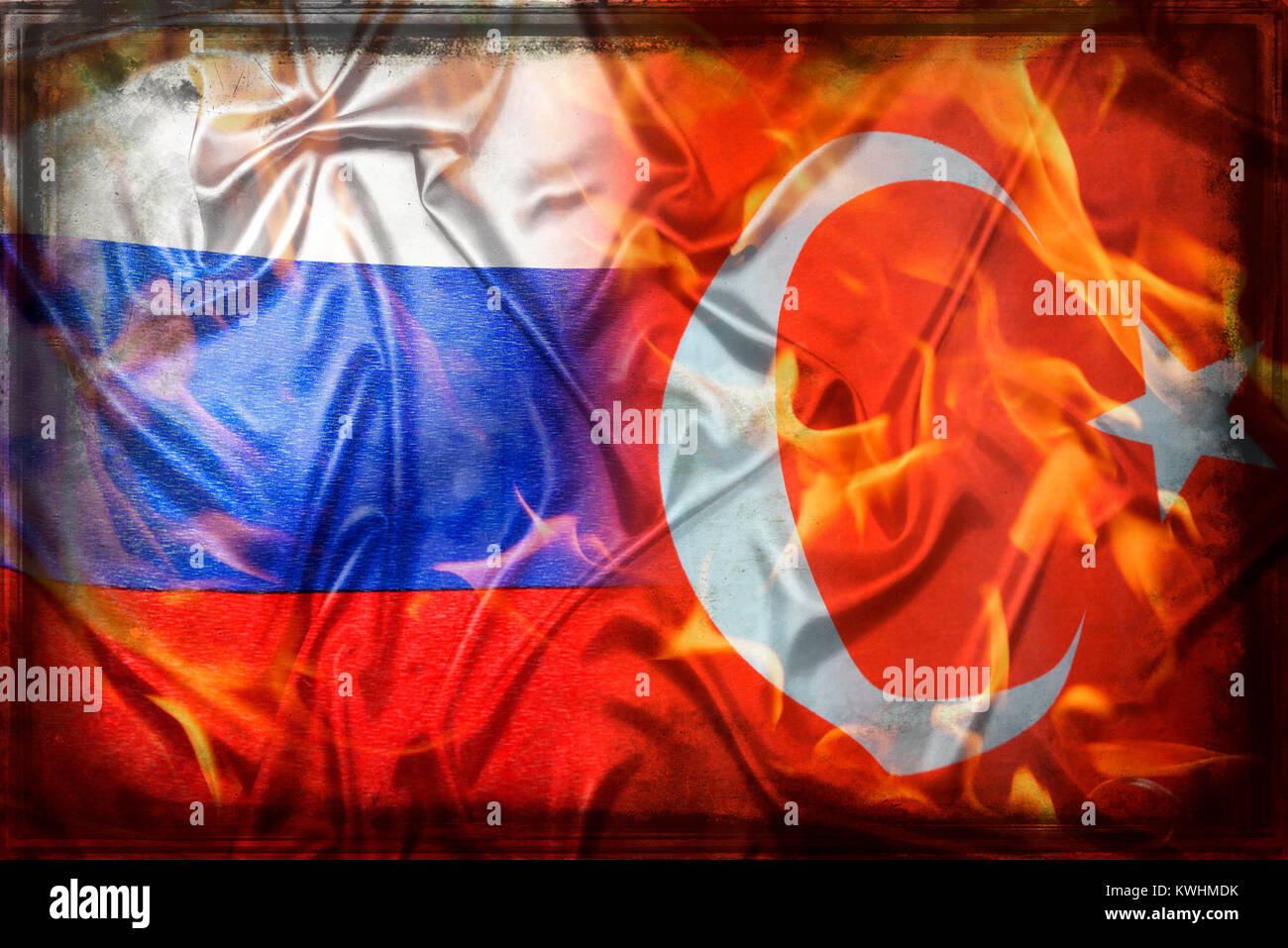 Flags of Turkey and Russia with flames, crisis between Russia and Turkey, Fahnen von Tuerkei und Russland mit Flammen, Krise zwischen Russland und der Stock Photo