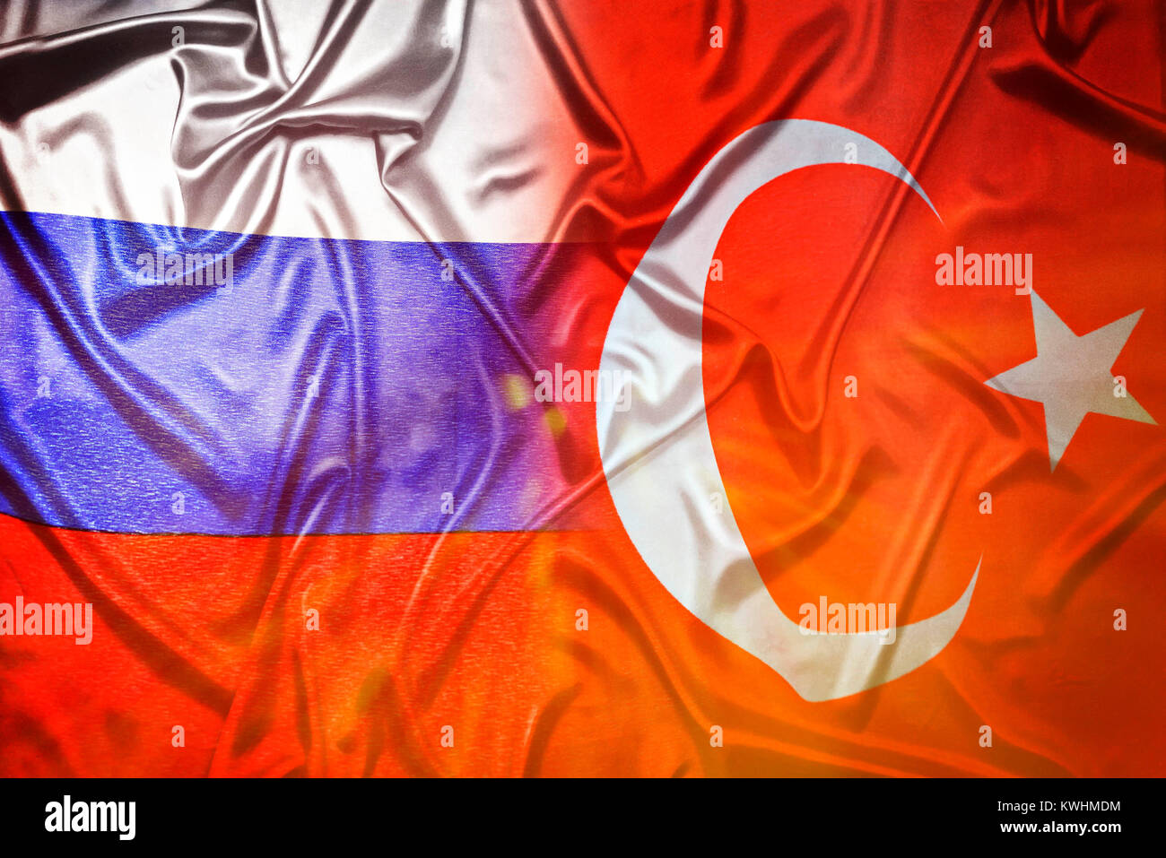 Flags of Turkey and Russia, Fahnen von Tuerkei und Russland Stock Photo