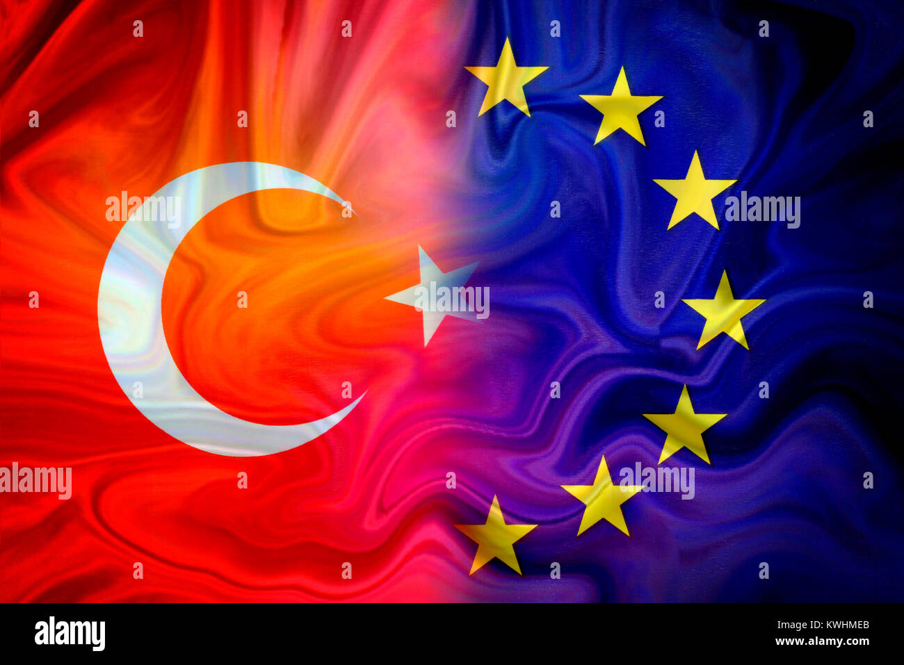 Flags of Turkey and the EU, Fahnen von Tuerkei und EU Stock Photo