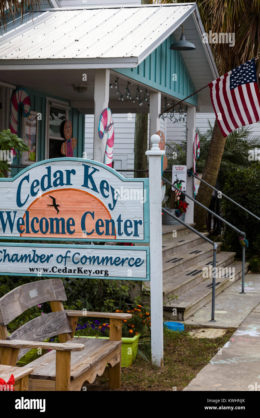 Cedar Key Center sign in old Florida town of Cedar key in