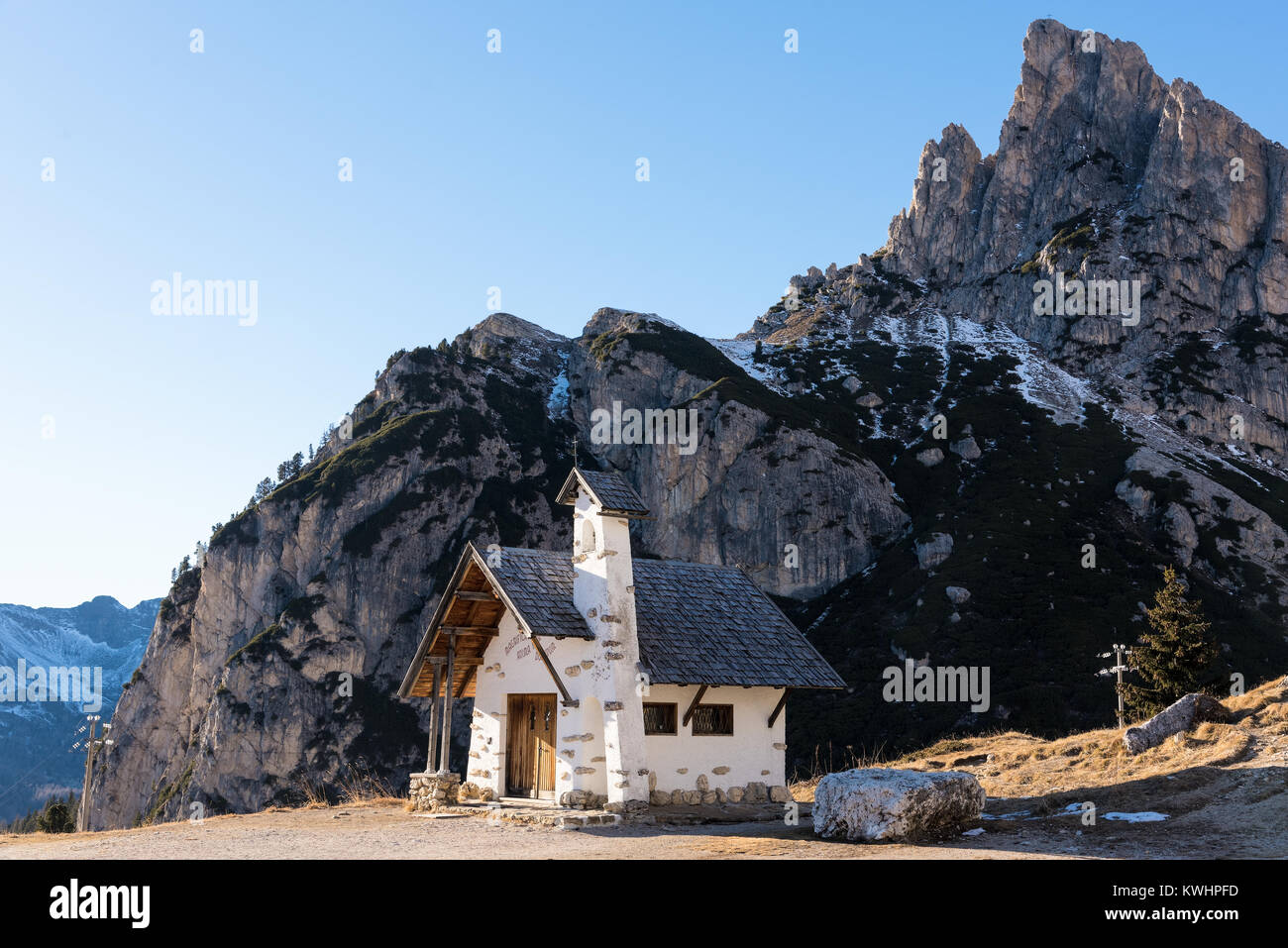 Small church at the Falzarego Pass on the Dolomites in northeastern Italy Stock Photo