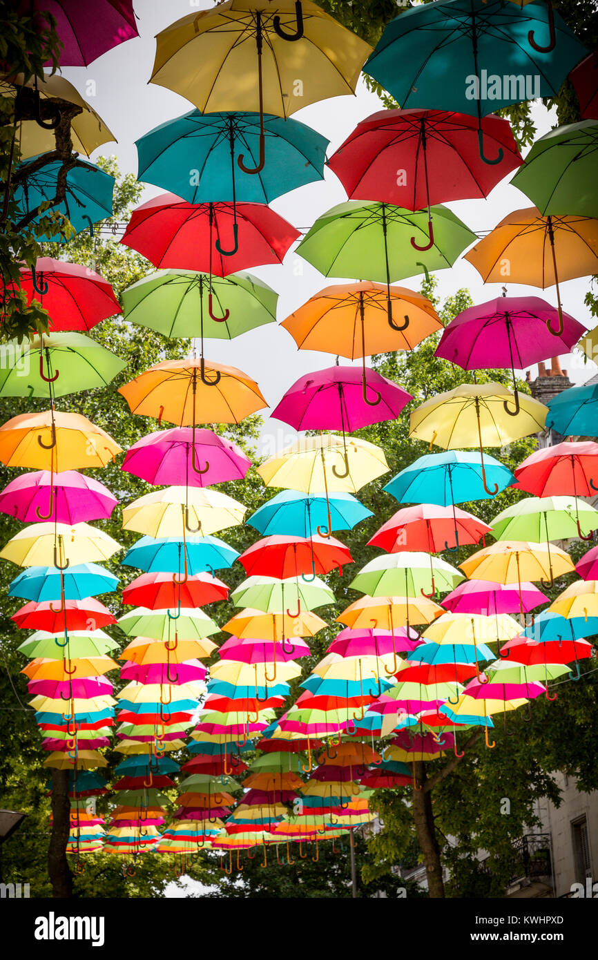 Umbrellas decorating the streets of Saumur, France, Europe Stock Photo