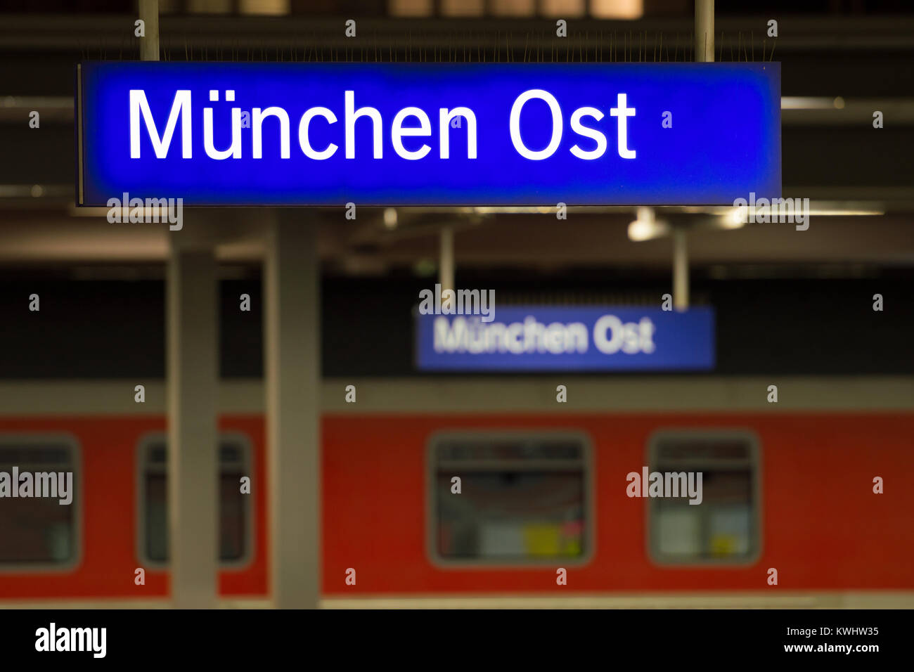 Munich, Germany - December 27, 2017: Luminous sign on Munich eastern railway station (Ostbahnhof or München Ost) Stock Photo